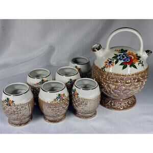 Vtg Iridescent Teapot And 6 Cups Flower Mexico Ceramic/ Ceramica San Jose LTDA